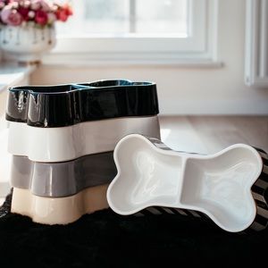 Gray ceramic dog bowl bone Hendri Bender inspired